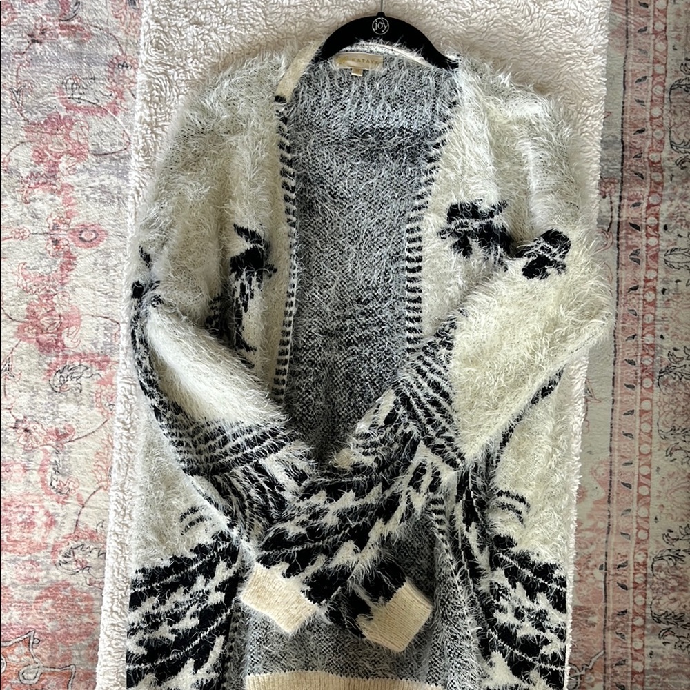Elegant Black and White Fuzzy Cardigan